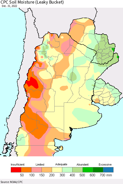 Southern South America CPC Soil Moisture (Leaky Bucket) Thematic Map For 12/26/2022 - 12/31/2022