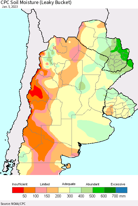 Southern South America CPC Soil Moisture (Leaky Bucket) Thematic Map For 1/1/2023 - 1/5/2023