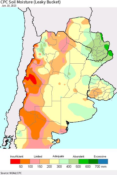 Southern South America CPC Soil Moisture (Leaky Bucket) Thematic Map For 1/6/2023 - 1/10/2023