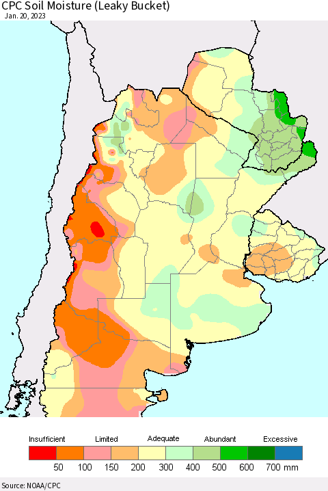 Southern South America CPC Soil Moisture (Leaky Bucket) Thematic Map For 1/16/2023 - 1/20/2023