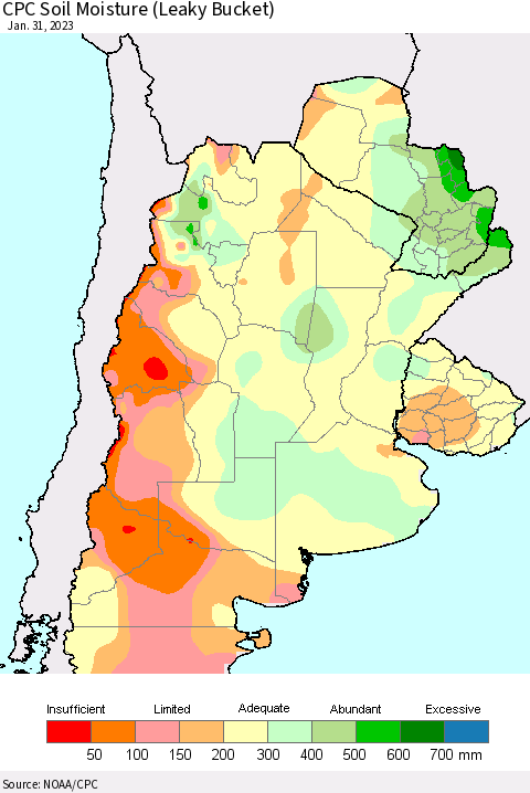 Southern South America CPC Soil Moisture (Leaky Bucket) Thematic Map For 1/26/2023 - 1/31/2023