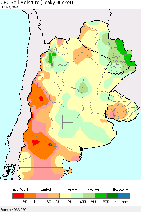 Southern South America CPC Soil Moisture (Leaky Bucket) Thematic Map For 2/1/2023 - 2/5/2023