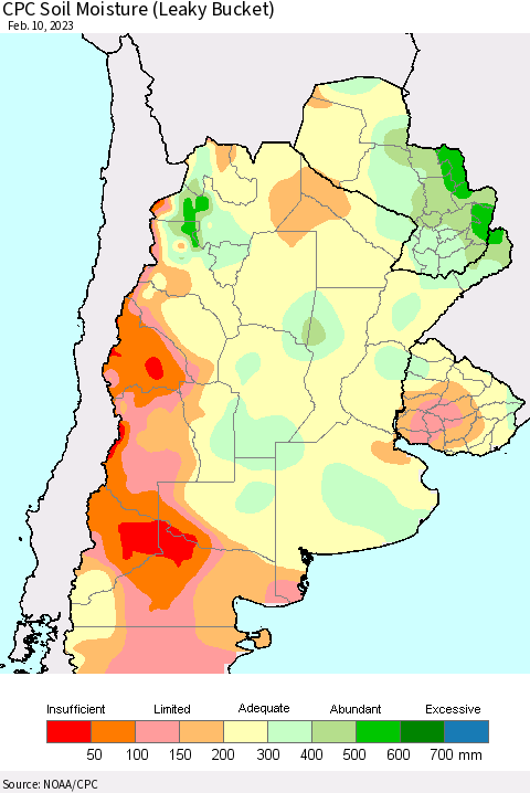 Southern South America CPC Soil Moisture (Leaky Bucket) Thematic Map For 2/6/2023 - 2/10/2023