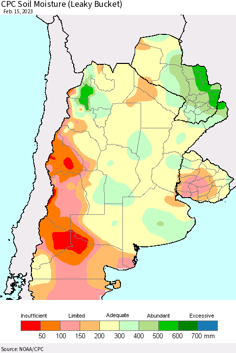 Southern South America CPC Soil Moisture (Leaky Bucket) Thematic Map For 2/11/2023 - 2/15/2023