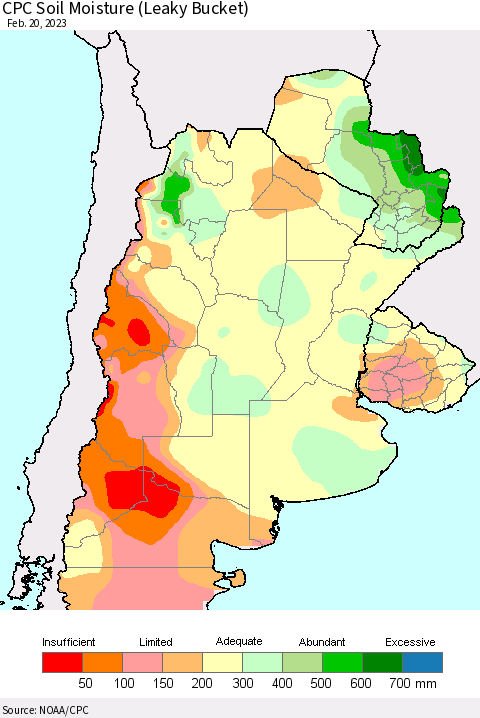 Southern South America CPC Soil Moisture (Leaky Bucket) Thematic Map For 2/16/2023 - 2/20/2023
