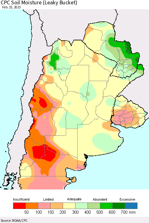 Southern South America CPC Soil Moisture (Leaky Bucket) Thematic Map For 2/21/2023 - 2/25/2023