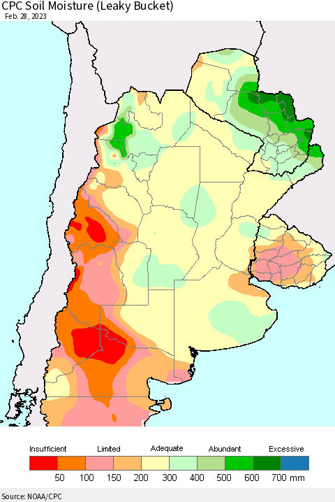 Southern South America CPC Soil Moisture (Leaky Bucket) Thematic Map For 2/26/2023 - 2/28/2023