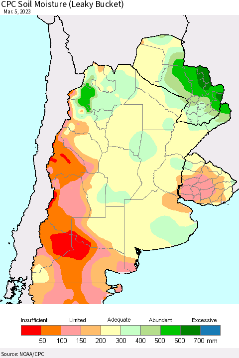 Southern South America CPC Soil Moisture (Leaky Bucket) Thematic Map For 3/1/2023 - 3/5/2023