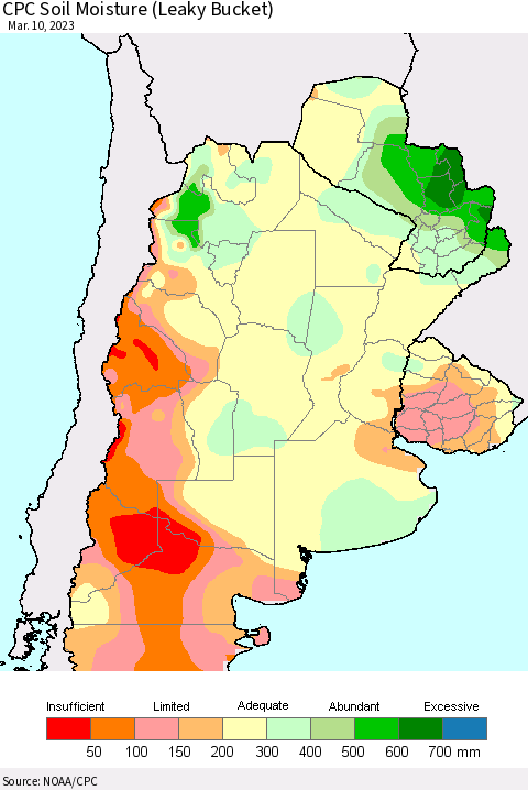 Southern South America CPC Soil Moisture (Leaky Bucket) Thematic Map For 3/6/2023 - 3/10/2023