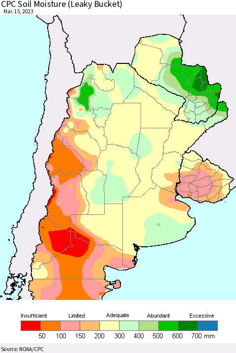 Southern South America CPC Soil Moisture (Leaky Bucket) Thematic Map For 3/11/2023 - 3/15/2023