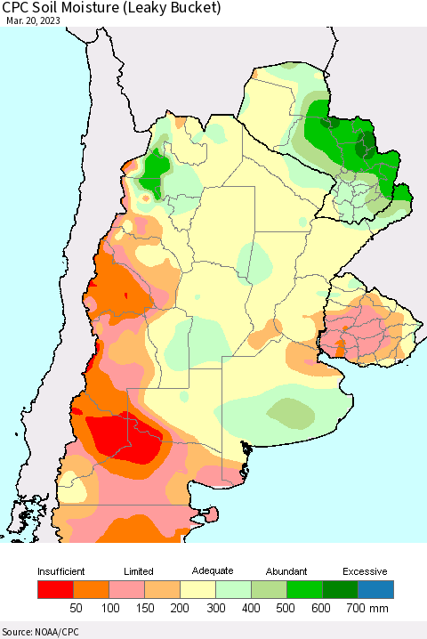 Southern South America CPC Soil Moisture (Leaky Bucket) Thematic Map For 3/16/2023 - 3/20/2023
