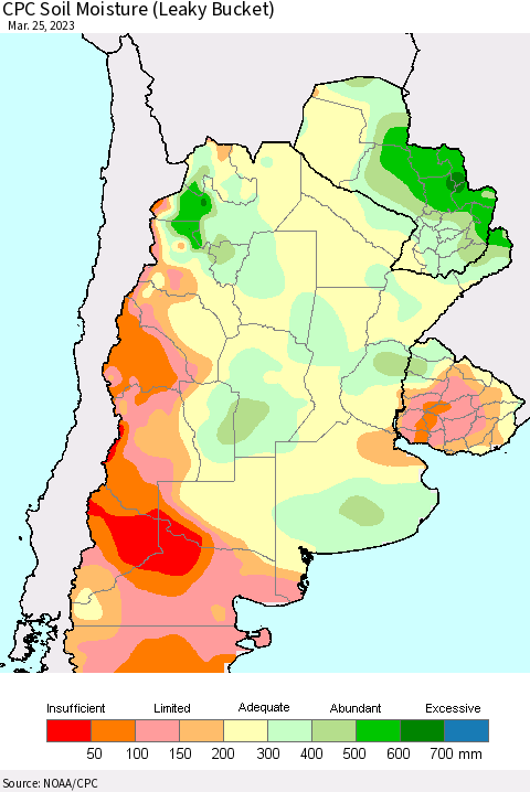 Southern South America CPC Soil Moisture (Leaky Bucket) Thematic Map For 3/21/2023 - 3/25/2023