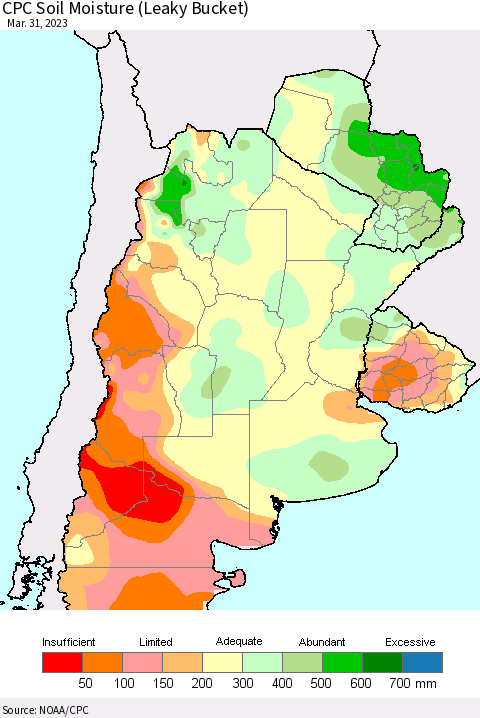 Southern South America CPC Soil Moisture (Leaky Bucket) Thematic Map For 3/26/2023 - 3/31/2023