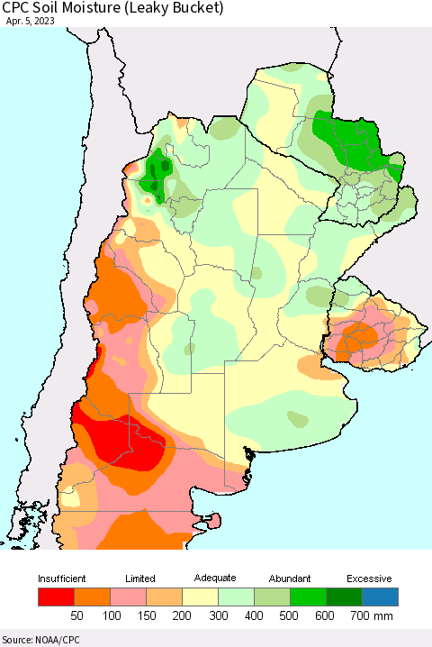 Southern South America CPC Soil Moisture (Leaky Bucket) Thematic Map For 4/1/2023 - 4/5/2023