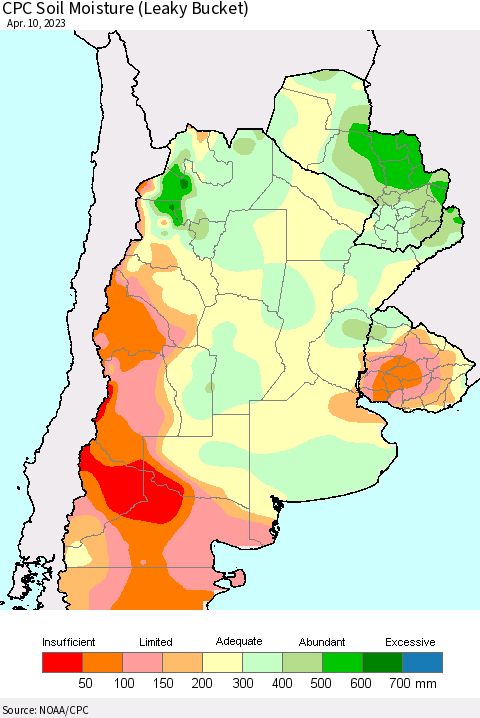 Southern South America CPC Soil Moisture (Leaky Bucket) Thematic Map For 4/6/2023 - 4/10/2023