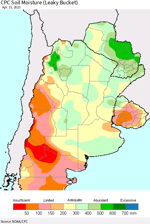 Southern South America CPC Soil Moisture (Leaky Bucket) Thematic Map For 4/11/2023 - 4/15/2023