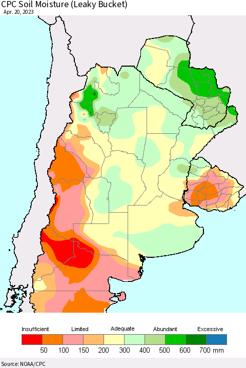 Southern South America CPC Soil Moisture (Leaky Bucket) Thematic Map For 4/16/2023 - 4/20/2023