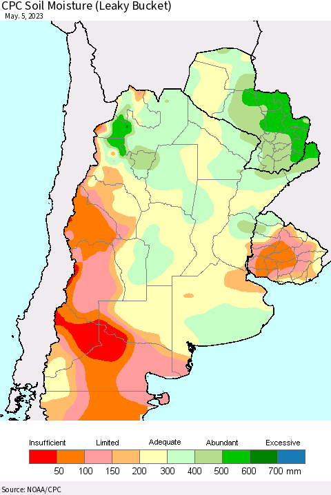 Southern South America CPC Soil Moisture (Leaky Bucket) Thematic Map For 5/1/2023 - 5/5/2023