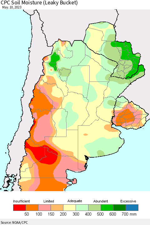 Southern South America CPC Soil Moisture (Leaky Bucket) Thematic Map For 5/6/2023 - 5/10/2023