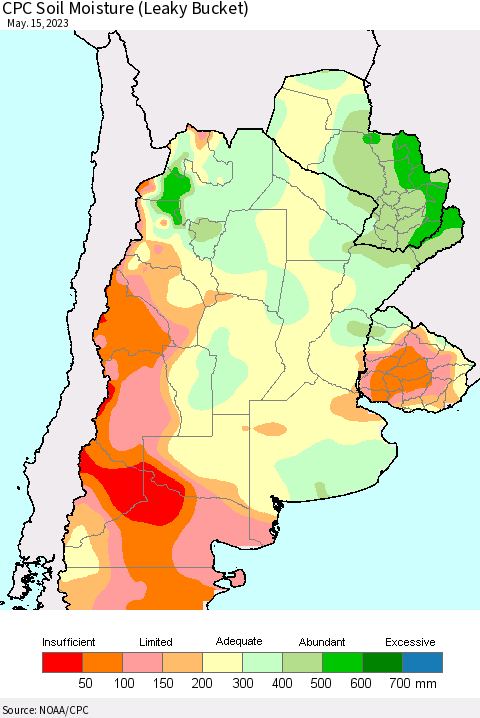Southern South America CPC Soil Moisture (Leaky Bucket) Thematic Map For 5/11/2023 - 5/15/2023