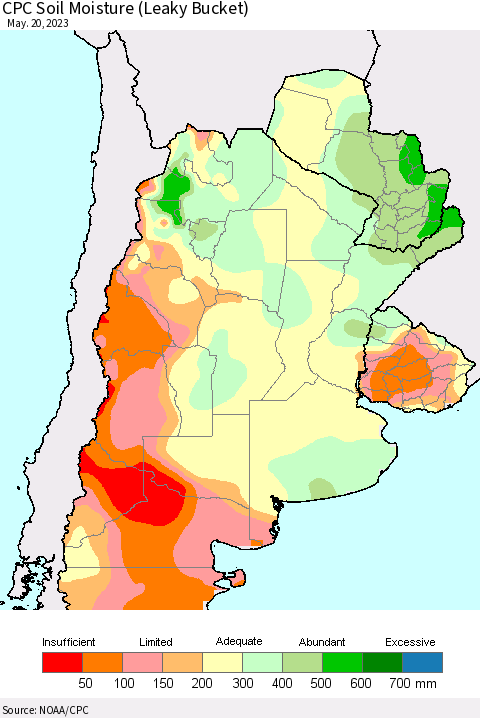 Southern South America CPC Soil Moisture (Leaky Bucket) Thematic Map For 5/16/2023 - 5/20/2023