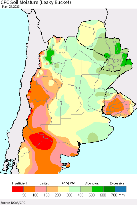 Southern South America CPC Soil Moisture (Leaky Bucket) Thematic Map For 5/21/2023 - 5/25/2023