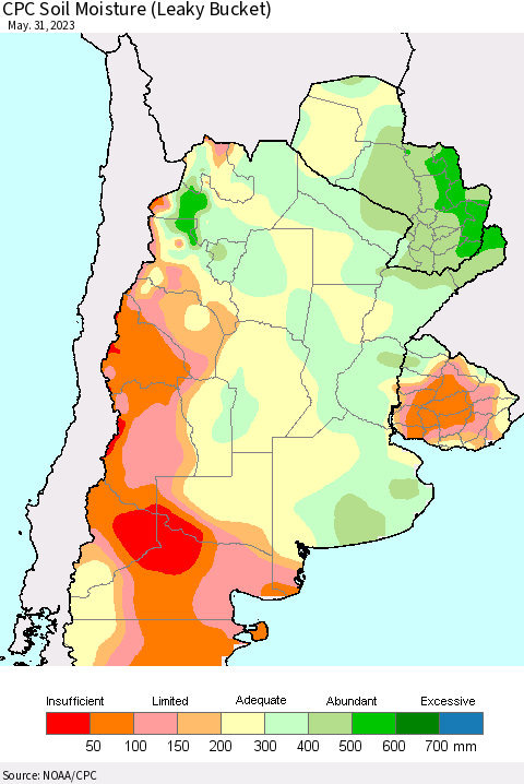 Southern South America CPC Soil Moisture (Leaky Bucket) Thematic Map For 5/26/2023 - 5/31/2023