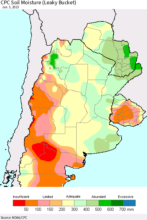 Southern South America CPC Soil Moisture (Leaky Bucket) Thematic Map For 6/1/2023 - 6/5/2023