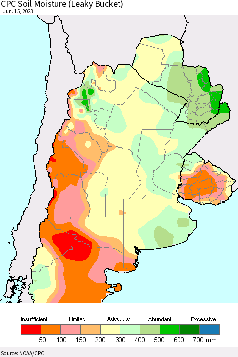 Southern South America CPC Soil Moisture (Leaky Bucket) Thematic Map For 6/11/2023 - 6/15/2023