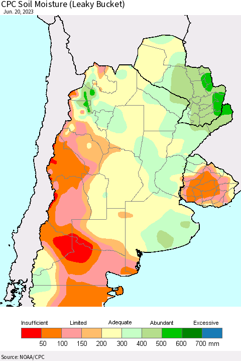 Southern South America CPC Soil Moisture (Leaky Bucket) Thematic Map For 6/16/2023 - 6/20/2023