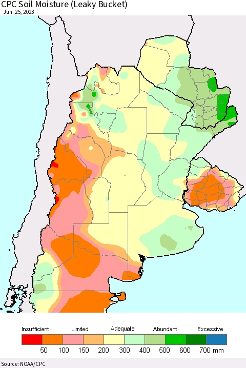 Southern South America CPC Soil Moisture (Leaky Bucket) Thematic Map For 6/21/2023 - 6/25/2023