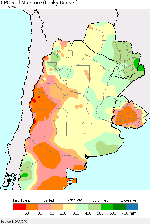 Southern South America CPC Soil Moisture (Leaky Bucket) Thematic Map For 7/1/2023 - 7/5/2023