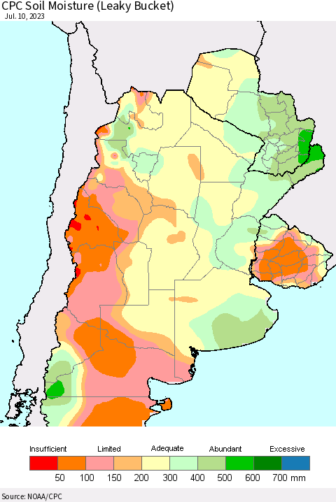 Southern South America CPC Soil Moisture (Leaky Bucket) Thematic Map For 7/6/2023 - 7/10/2023