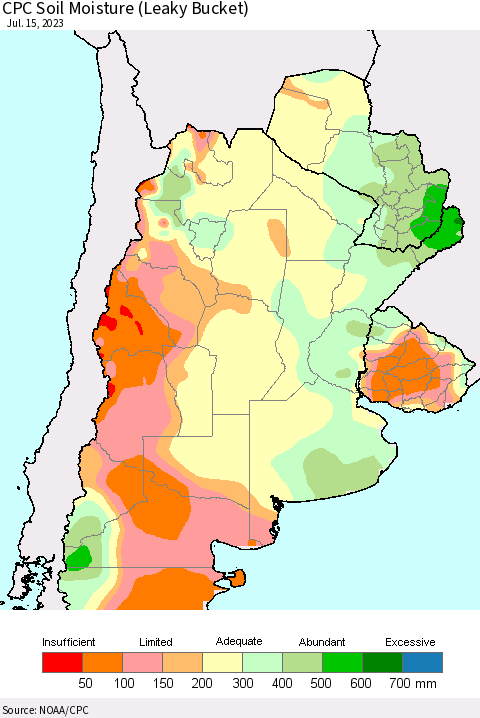 Southern South America CPC Soil Moisture (Leaky Bucket) Thematic Map For 7/11/2023 - 7/15/2023