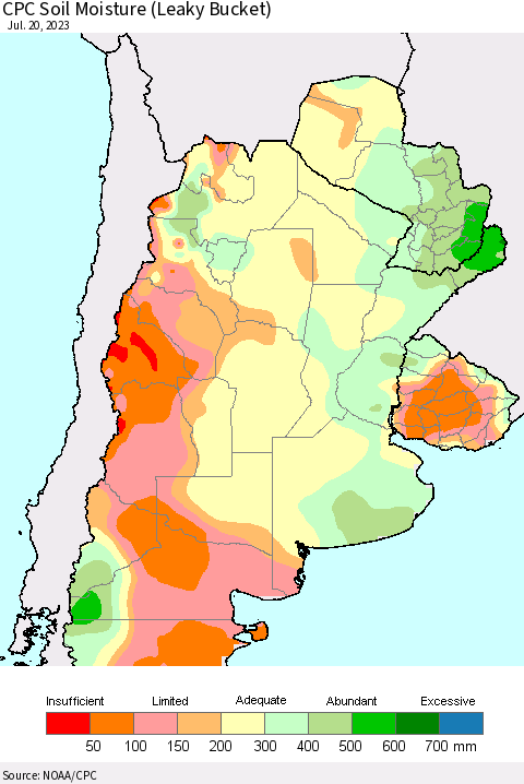 Southern South America CPC Soil Moisture (Leaky Bucket) Thematic Map For 7/16/2023 - 7/20/2023