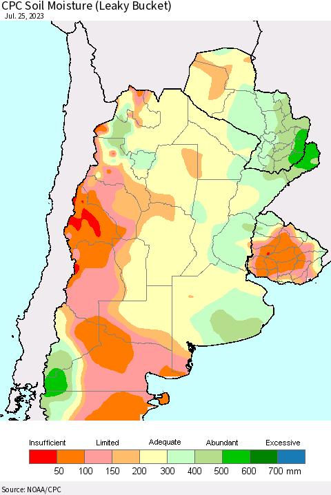 Southern South America CPC Soil Moisture (Leaky Bucket) Thematic Map For 7/21/2023 - 7/25/2023