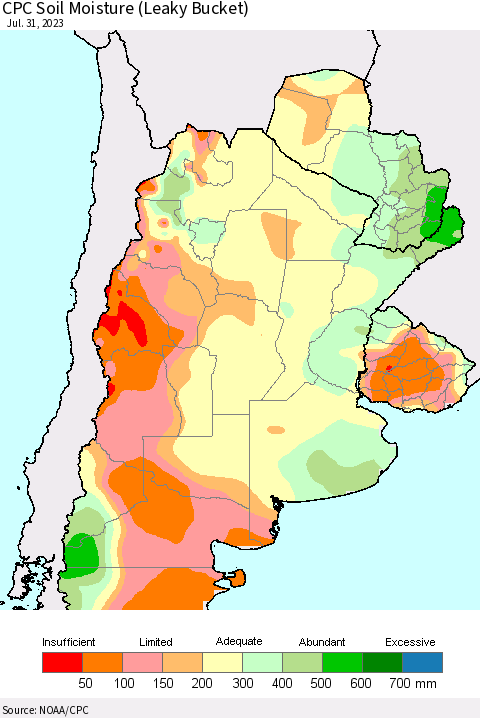 Southern South America CPC Soil Moisture (Leaky Bucket) Thematic Map For 7/26/2023 - 7/31/2023