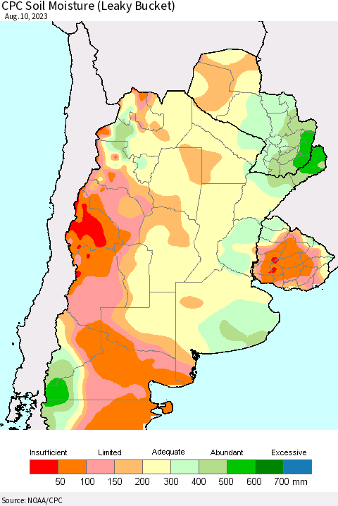 Southern South America CPC Soil Moisture (Leaky Bucket) Thematic Map For 8/6/2023 - 8/10/2023