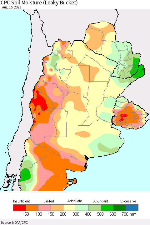 Southern South America CPC Soil Moisture (Leaky Bucket) Thematic Map For 8/11/2023 - 8/15/2023