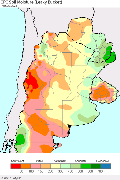 Southern South America CPC Soil Moisture (Leaky Bucket) Thematic Map For 8/16/2023 - 8/20/2023