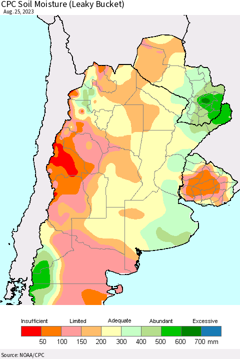 Southern South America CPC Soil Moisture (Leaky Bucket) Thematic Map For 8/21/2023 - 8/25/2023