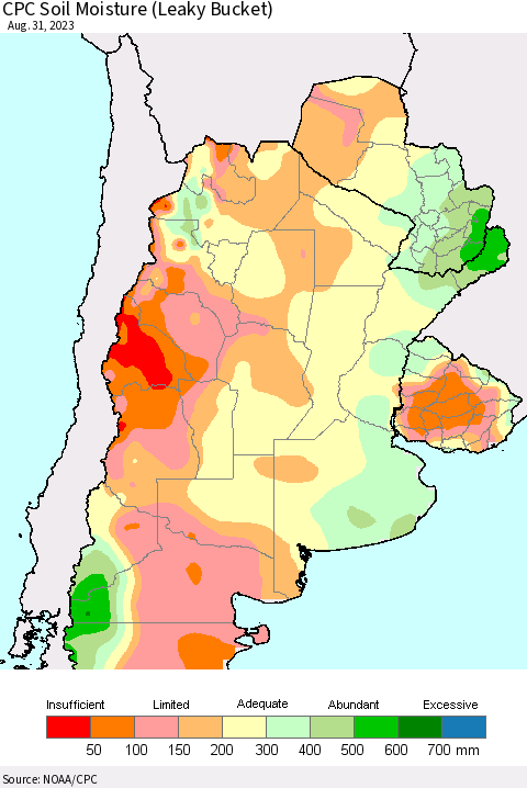 Southern South America CPC Soil Moisture (Leaky Bucket) Thematic Map For 8/26/2023 - 8/31/2023