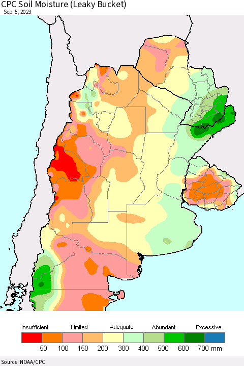Southern South America CPC Soil Moisture (Leaky Bucket) Thematic Map For 9/1/2023 - 9/5/2023