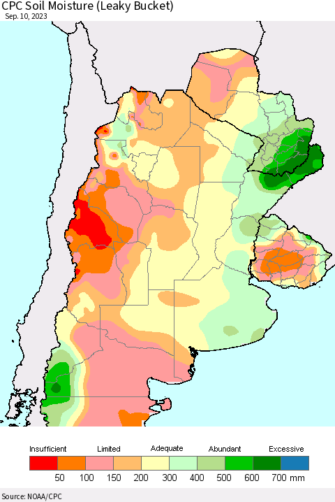 Southern South America CPC Soil Moisture (Leaky Bucket) Thematic Map For 9/6/2023 - 9/10/2023