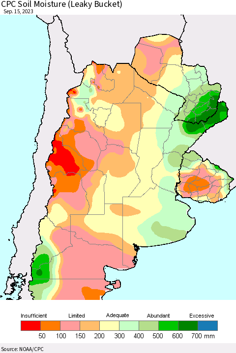 Southern South America CPC Soil Moisture (Leaky Bucket) Thematic Map For 9/11/2023 - 9/15/2023