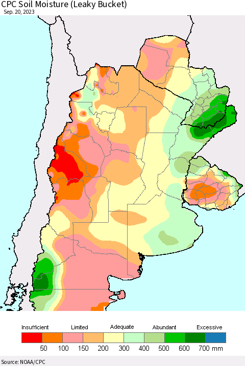 Southern South America CPC Soil Moisture (Leaky Bucket) Thematic Map For 9/16/2023 - 9/20/2023