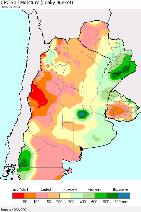 Southern South America CPC Soil Moisture (Leaky Bucket) Thematic Map For 9/21/2023 - 9/25/2023