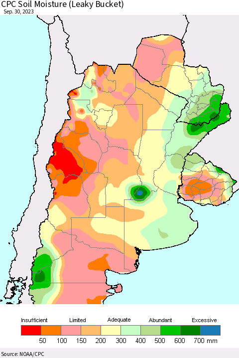 Southern South America CPC Soil Moisture (Leaky Bucket) Thematic Map For 9/26/2023 - 9/30/2023