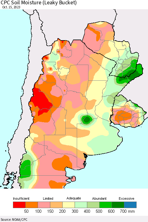 Southern South America CPC Soil Moisture (Leaky Bucket) Thematic Map For 10/11/2023 - 10/15/2023