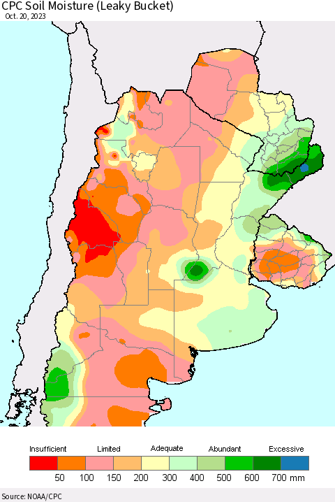 Southern South America CPC Soil Moisture (Leaky Bucket) Thematic Map For 10/16/2023 - 10/20/2023